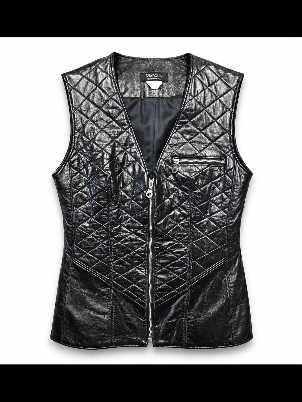 Vintage Marquis Black Leather Vest Quilted Moto Fitted Shiny Soft XS S